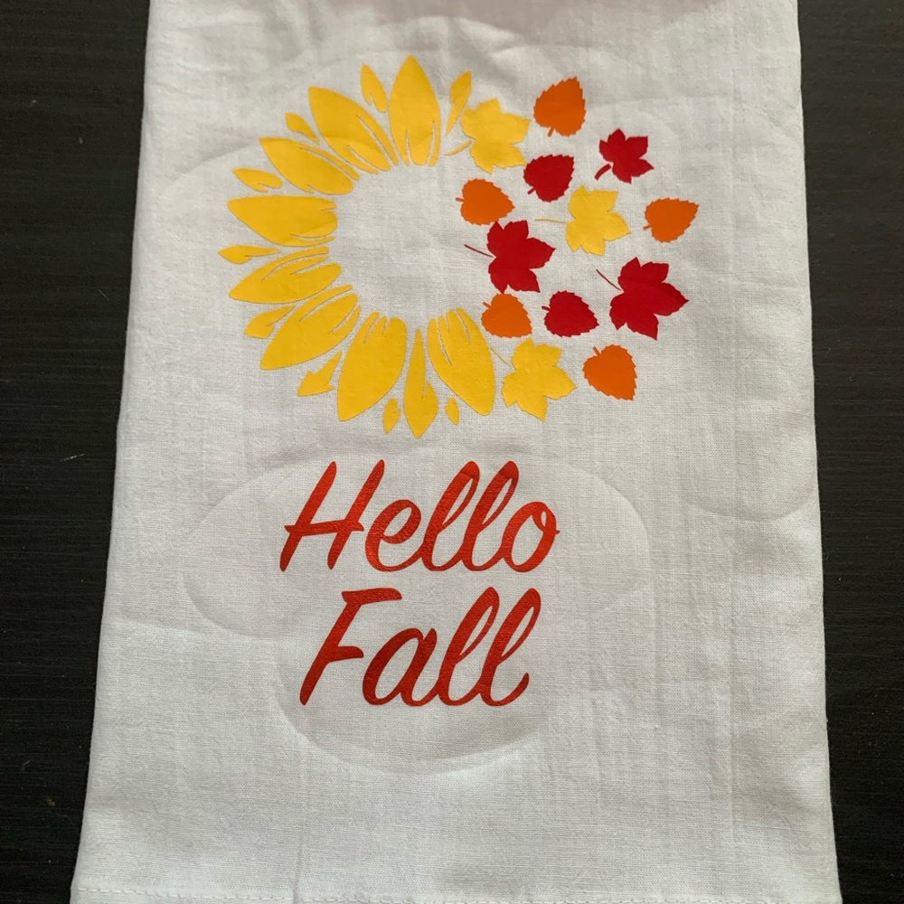Hello Fall sunflower and leaf wreath towel
